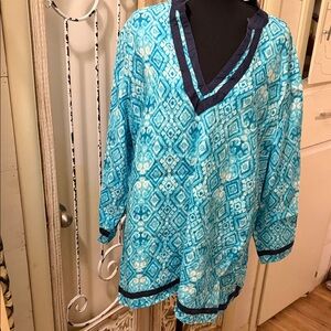 Ruby Rd. Aqua Geometric Tunic 100% Linen . Beautiful ❣️